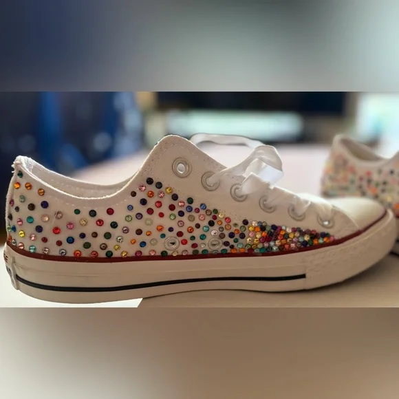 Converse Custom Multicolor Rhinestone Kicks! Sz 8 Woman. Low top one of. Kind! - Picture 5 of 16